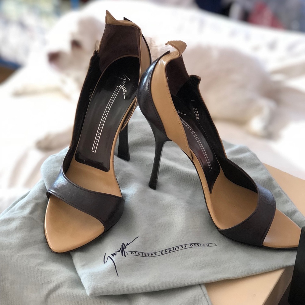 Giuseppe Zanotti tan and brown open toe heels